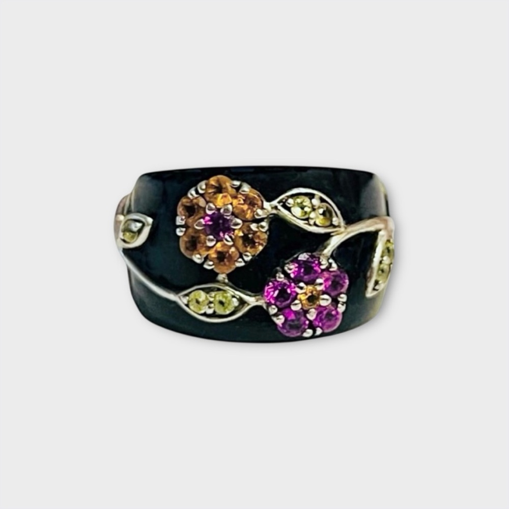 Vintage Sterling Silver Amethyst, Citrine, Peridot Black Flower Ring